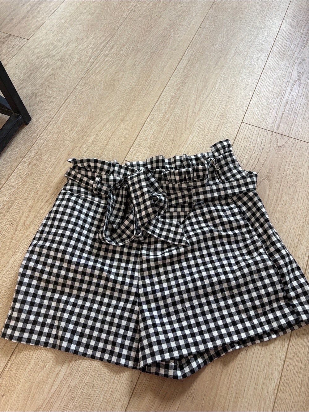 Zara Black & White Gingham Paperbag Waist Bermuda Shorts with Tie
